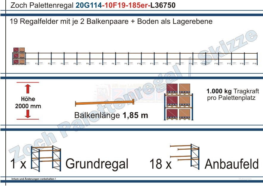 Palettenregal 20G114-10F19 Länge: 36750 mm mit 1000kg je Palettenplatz
