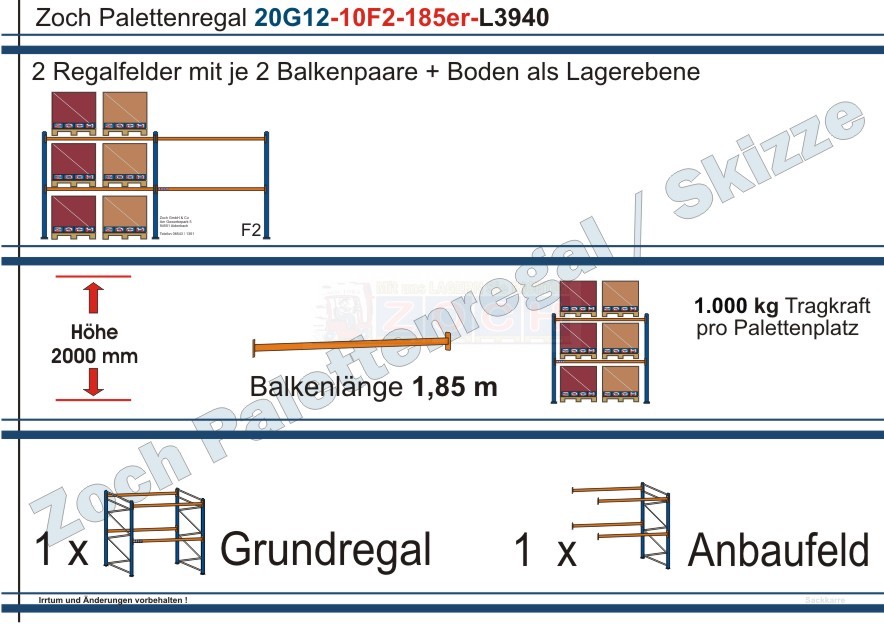 Palettenregal 20G12-10F2 Länge: 3940 mm mit 1000kg je Palettenplatz