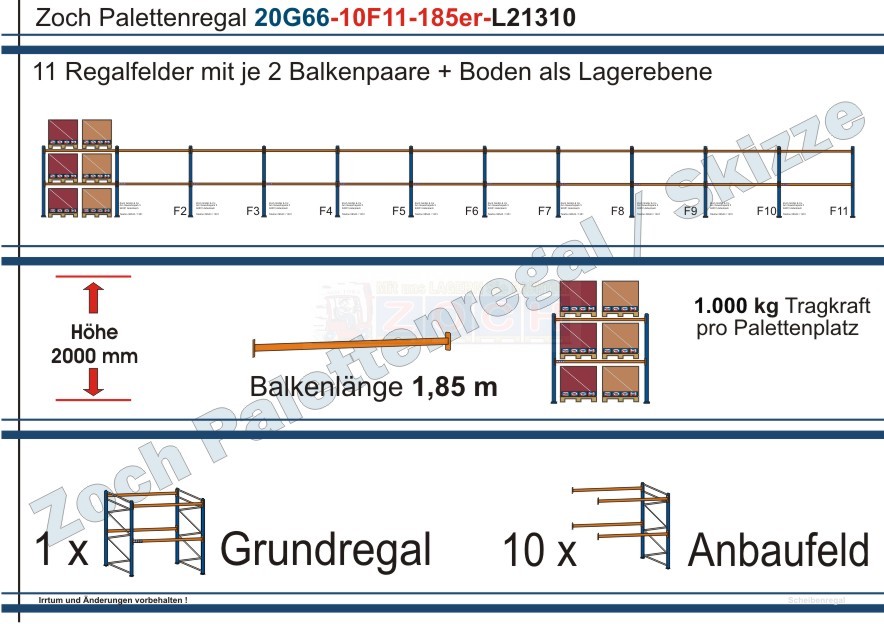 Palettenregal 20G66-10F11 Länge: 21310 mm mit 1000kg je Palettenplatz