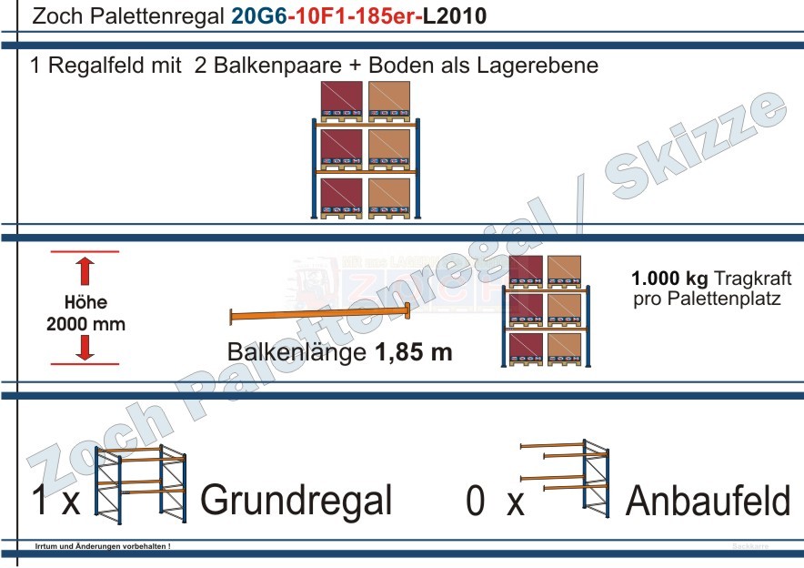 Palettenregal 20G6-10F1 Länge: 2010 mm mit 1000kg je Palettenplatz