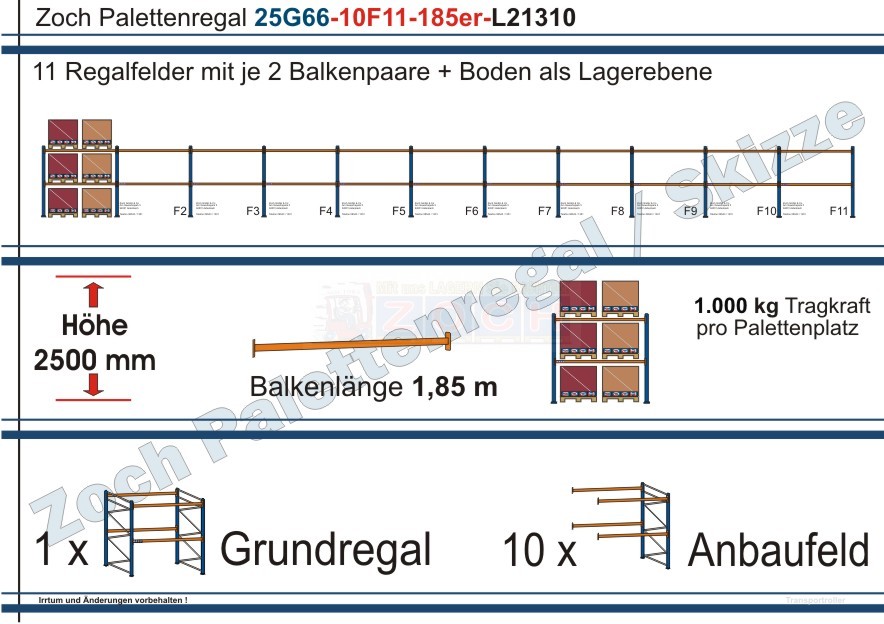 Palettenregal 25G66-10F11 Länge: 21310 mm mit 1000 kg je Palettenplatz