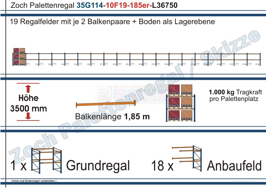 Palettenregal 35G114-10F19 Länge: 36750 mm mit 1000 kg je Palettenplatz