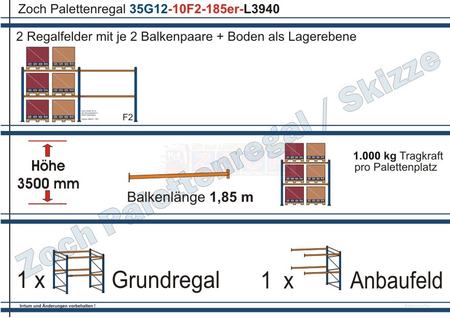 Palettenregal 35G12-10F2 Länge: 3940 mm mit 1000 kg je Palettenplatz