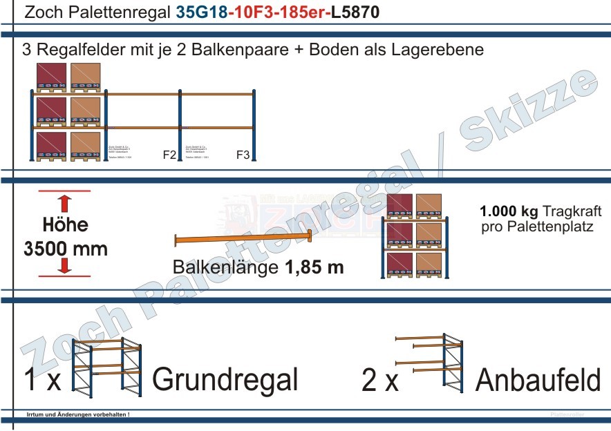 Palettenregal 35G18-10F3 Länge: 5870 mm mit 1000 kg je Palettenplatz