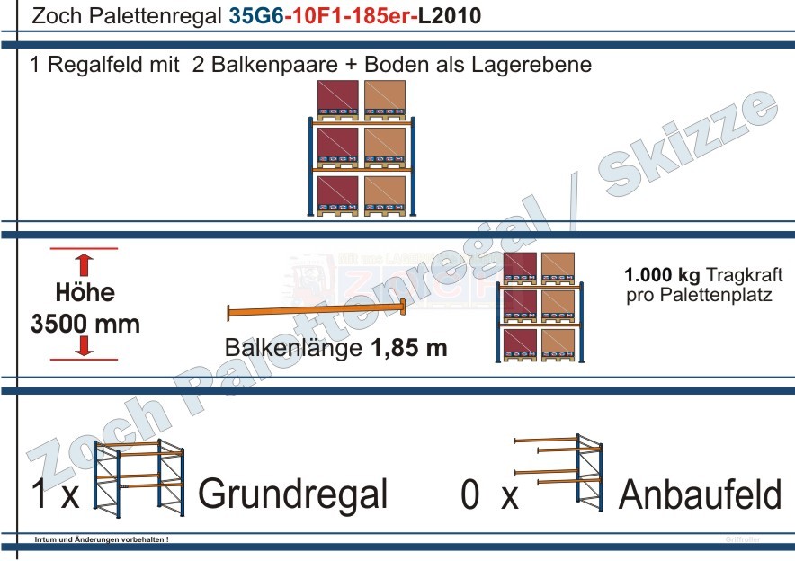 Palettenregal 35G6-10F1 Länge: 2010 mm mit 1000 kg je Palettenplatz