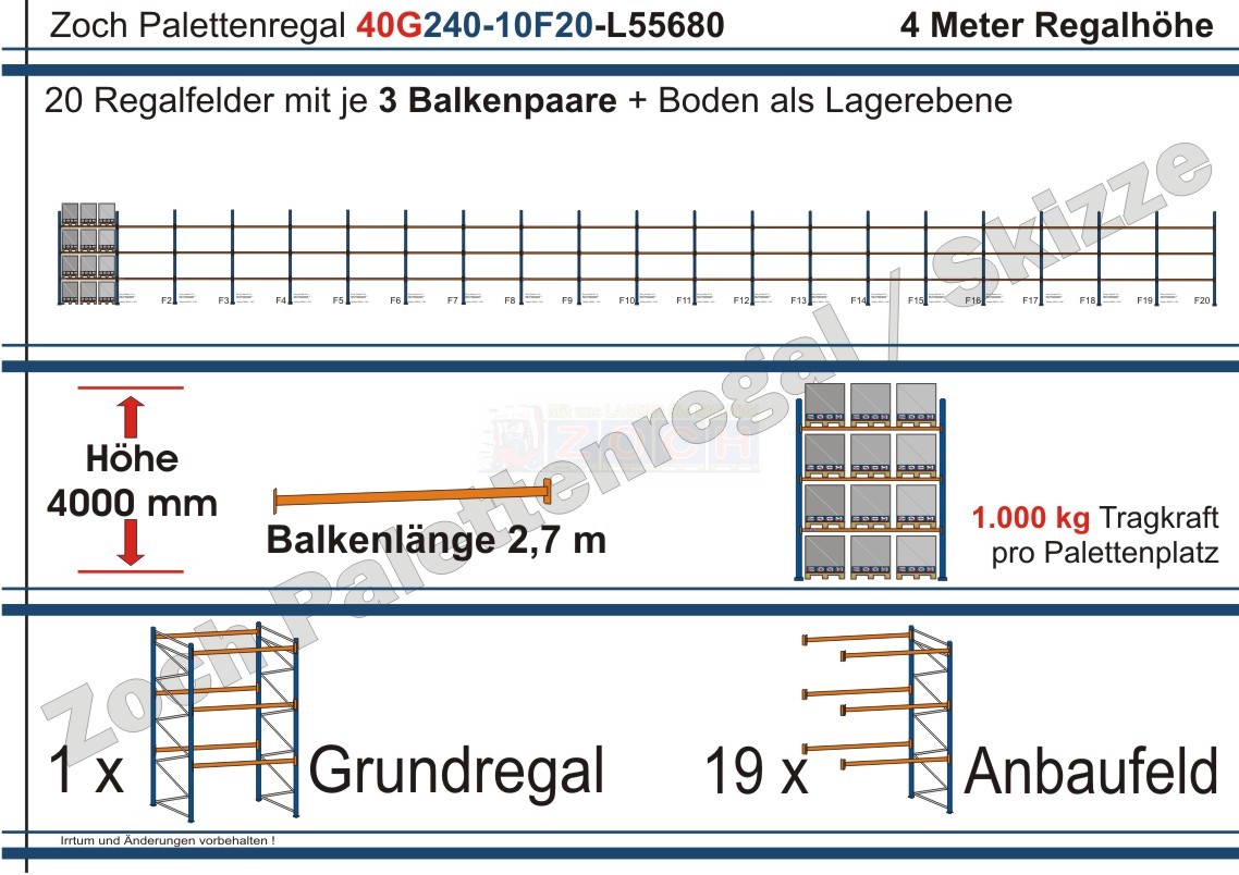 Palettenregal 40G240-10F20 Länge: 55680 mm mit 1000kg je Palettenplatz