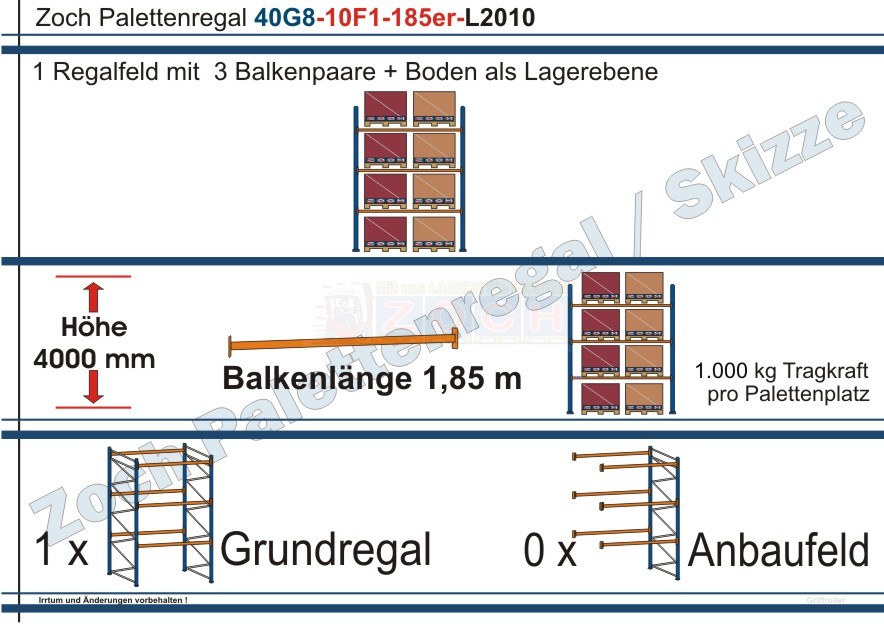 Palettenregal 40G8-10F1 Länge: 2010 mm mit 1000 kg je Palettenplatz