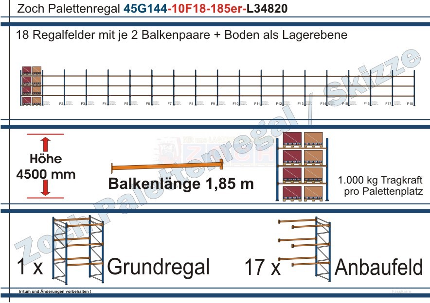 Palettenregal 45G144-10F18 Länge: 34820 mm mit 1000 kg je Palettenplatz