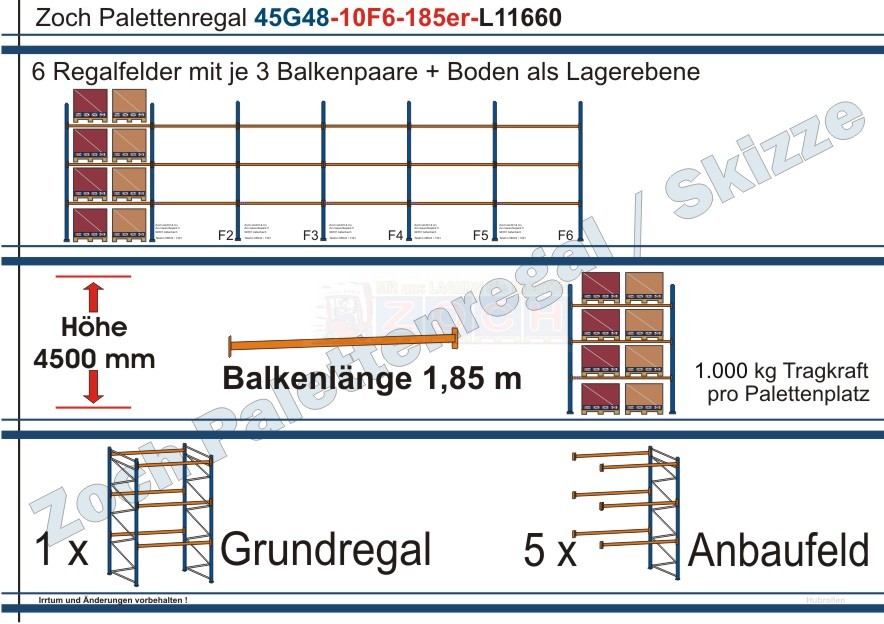 Palettenregal 45G48-10F6 Länge:11660 mm mit 1000 kg je Palettenplatz