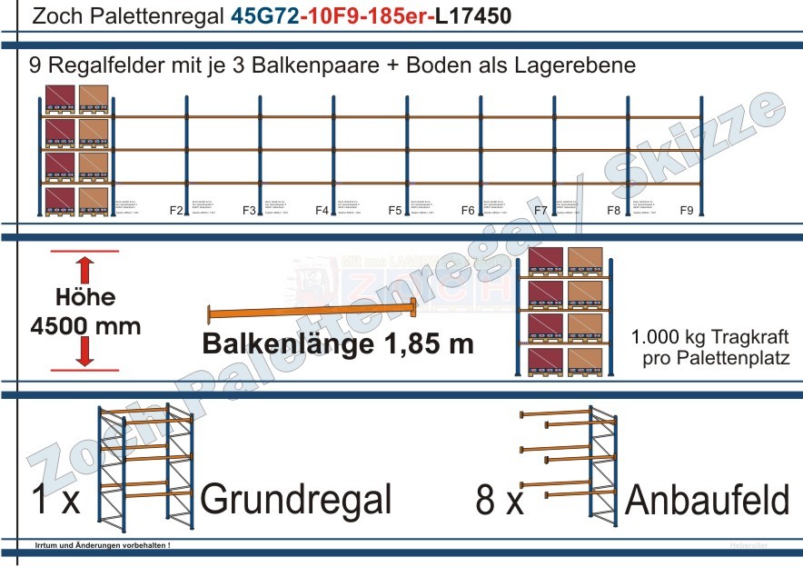 Palettenregal 45G72-10F9 Länge:17450 mm mit 1000 kg je Palettenplatz
