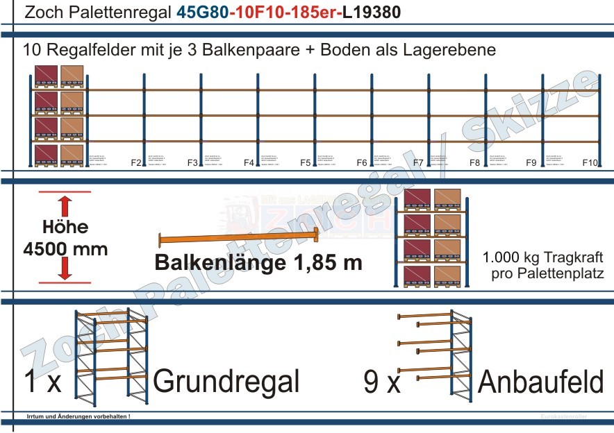 Palettenregal 45G80-10F10 Länge:19380 mm mit 1000 kg je Palettenplatz