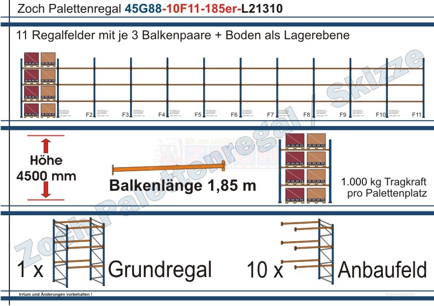 Palettenregal 45G88-10F11 Länge: 21310 mm mit 1000 kg je Palettenplatz