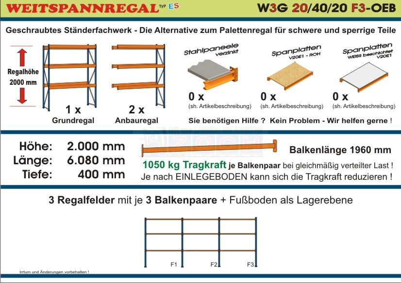 Zoch Weitspannregal W3G 20/40-20F3 Länge 6080 mm