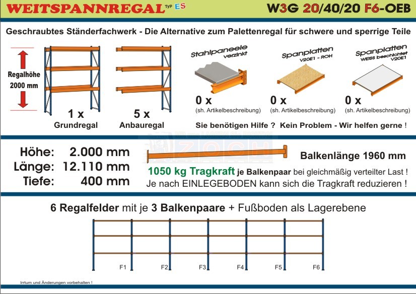 Zoch Weitspannregal W3G 20/40-20F6 Länge 12110 mm