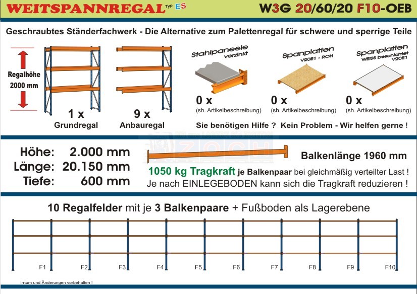 Weitspannregal W3G 20/60-20F10 Länge 20150 mm