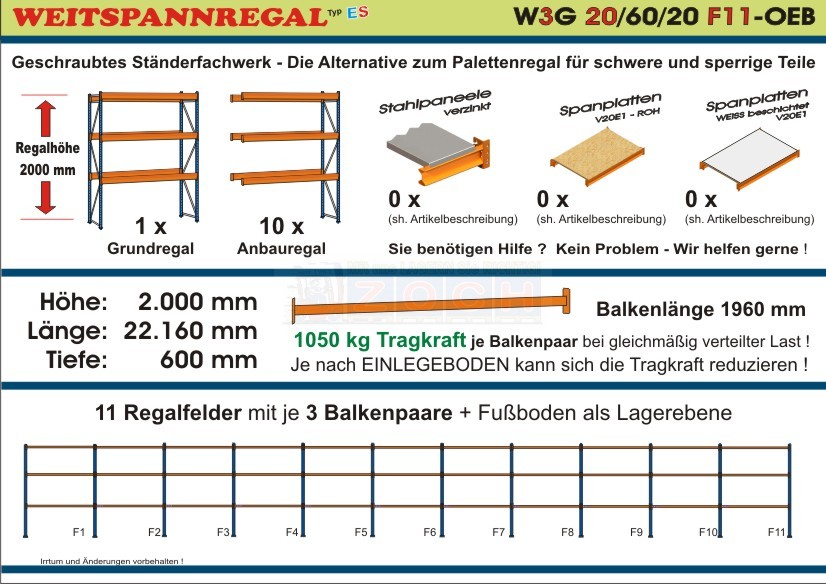 Weitspannregal W3G 20/60-20F11 Länge 22160 mm