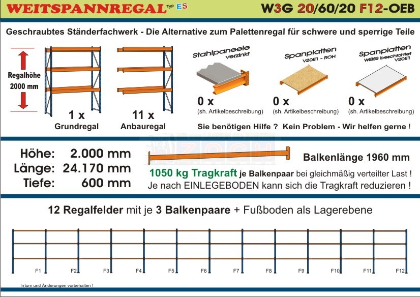 Weitspannregal W3G 20/60-20F12 Länge 24170 mm