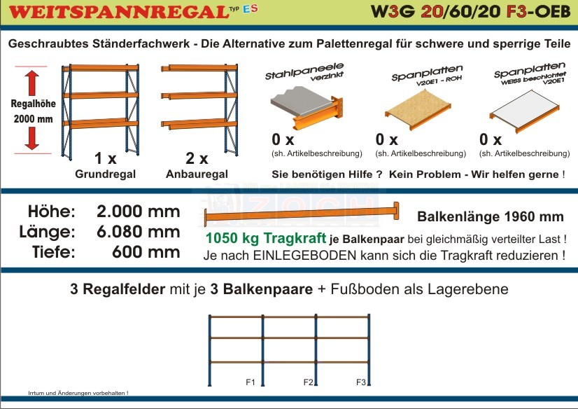 Weitspannregal W3G 20/60-20F3 Länge 6080 mm