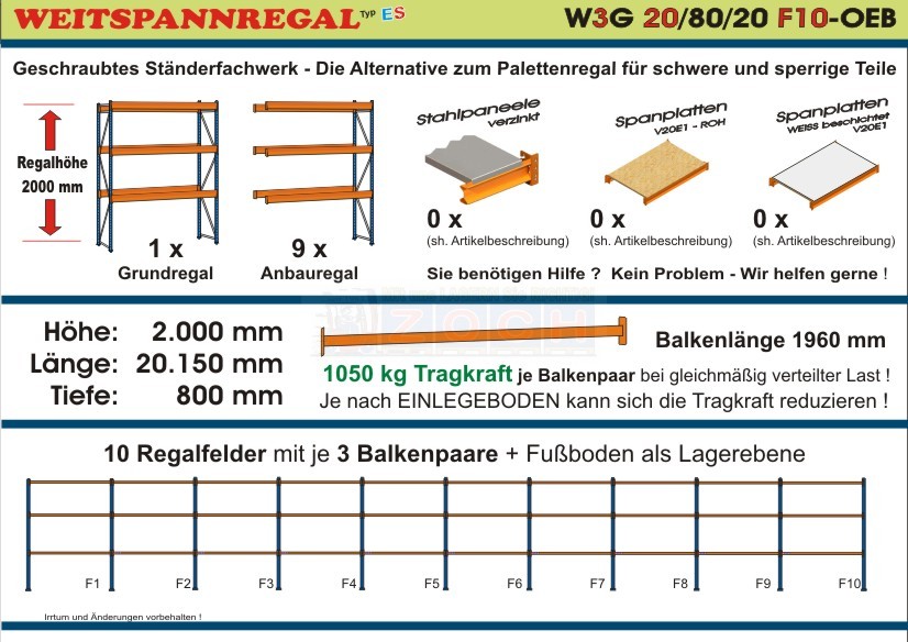Weitspannregal W3G 20/80-20F10 Länge 20150 mm