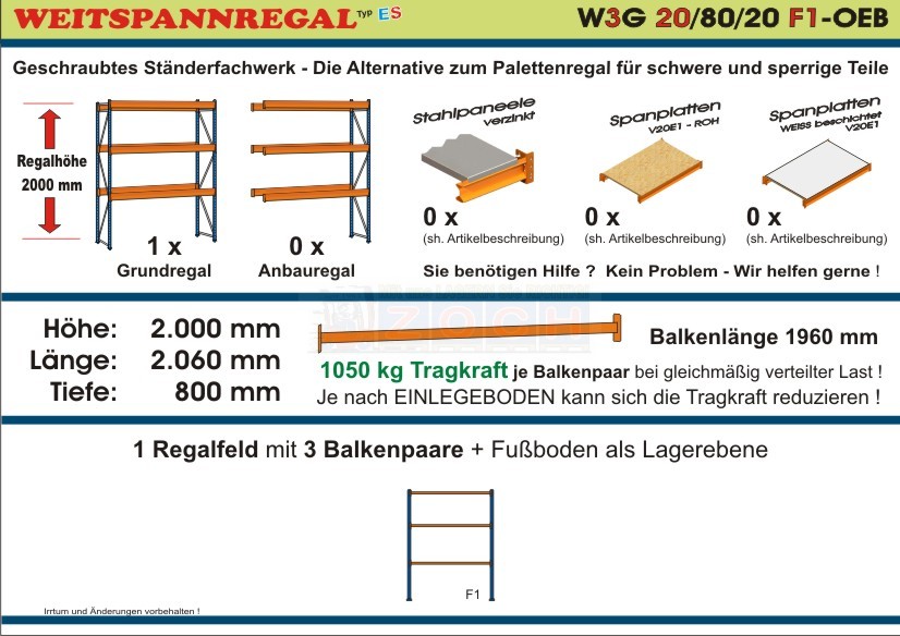 Weitspannregal W3G 20/80-20F1 Länge 2060 mm