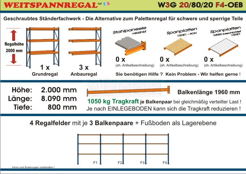 Weitspannregal W3G 20/80-20F4 Länge 8090 mm