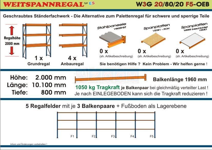 Weitspannregal W3G 20/80-20F5 Länge 10100 mm