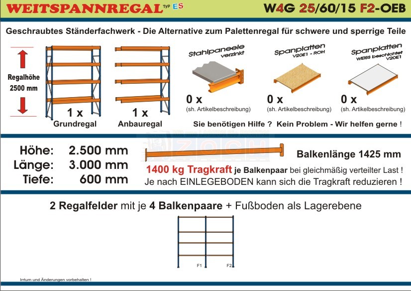 Weitspannregal W4G 25/60-15F2 Länge 3000 mm