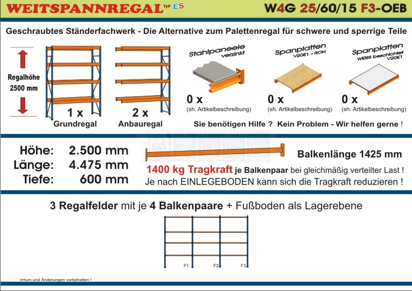 Weitspannregal W4G 25/60-15F3 Länge 4475 mm