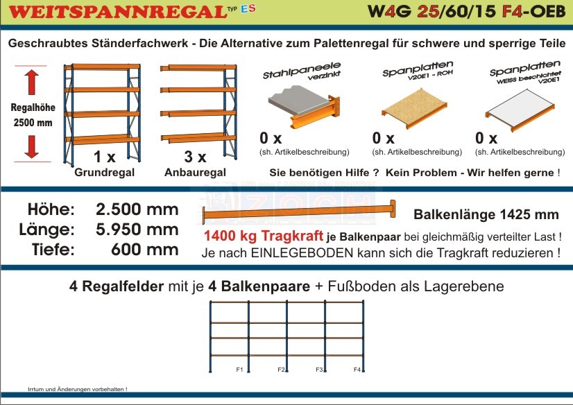 Weitspannregal W4G 25/60-15F4 Länge 5950 mm