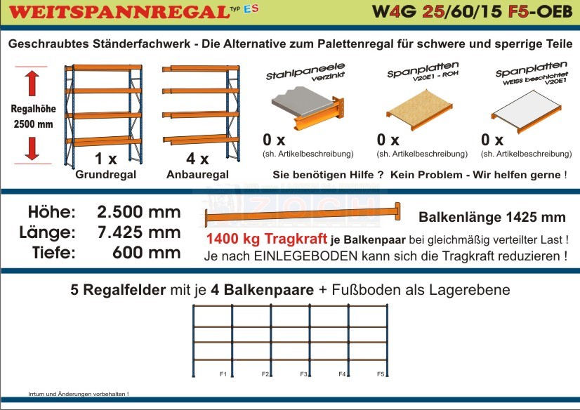 Weitspannregal W4G 25/60-15F5 Länge 7425 mm