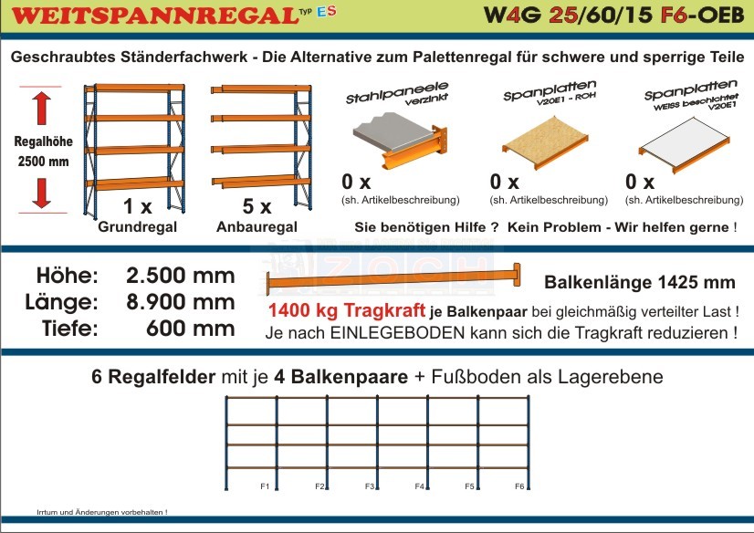 Weitspannregal W4G 25/60-15F6 Länge 8900 mm