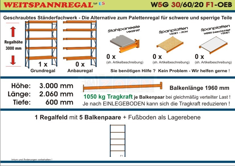 Weitspannregal W5G 30/60-20F1 Länge 2060 mm