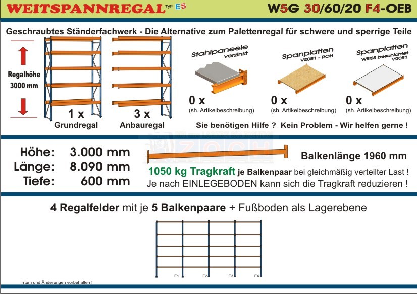 Weitspannregal W5G 30/60-20F3 Länge 6080 mm