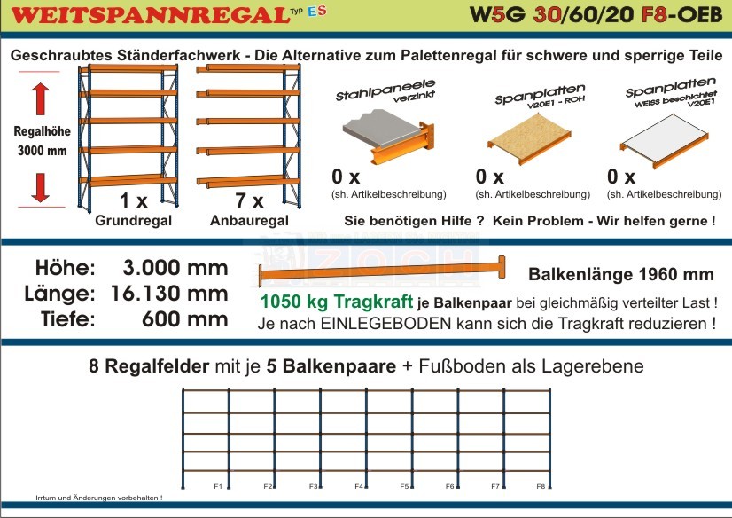 Weitspannregal W5G 30/60-20F8 Länge 16130 mm