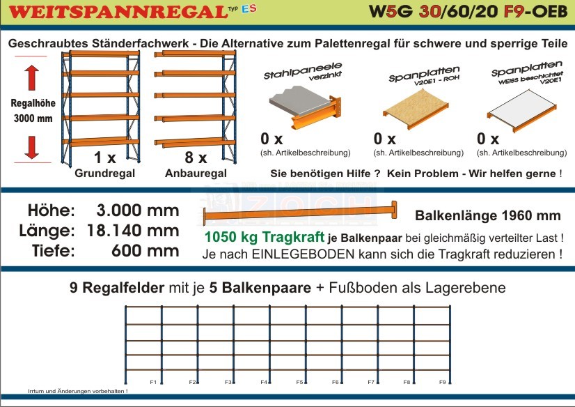 Weitspannregal W5G 30/60-20F9 Länge 18140 mm