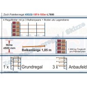 Palettenregal 45G32-10F4 Länge: 7800 mm mit 1000 kg je Palettenplatz